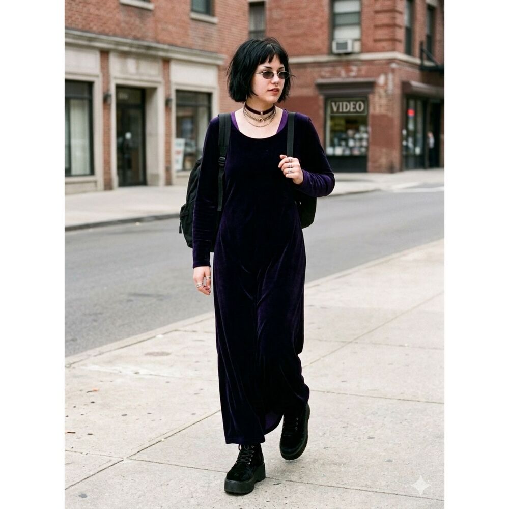 Vtg Y2K Velvet Dress L Violet Maxi Stretch Empire Waist Vamp Witchy Goth Punk
